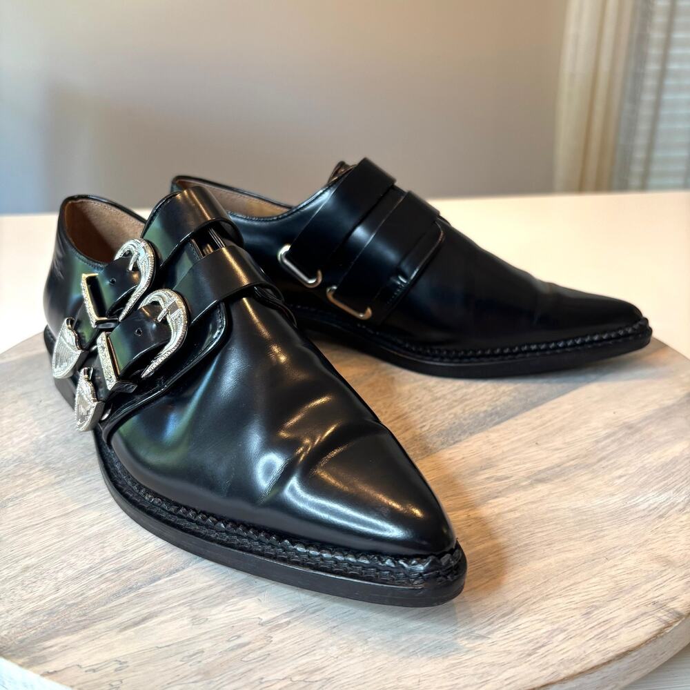 Toga Pulla EU 39.5 US 9 Black Leather Western Double Buckle Pointed Toe Loafers